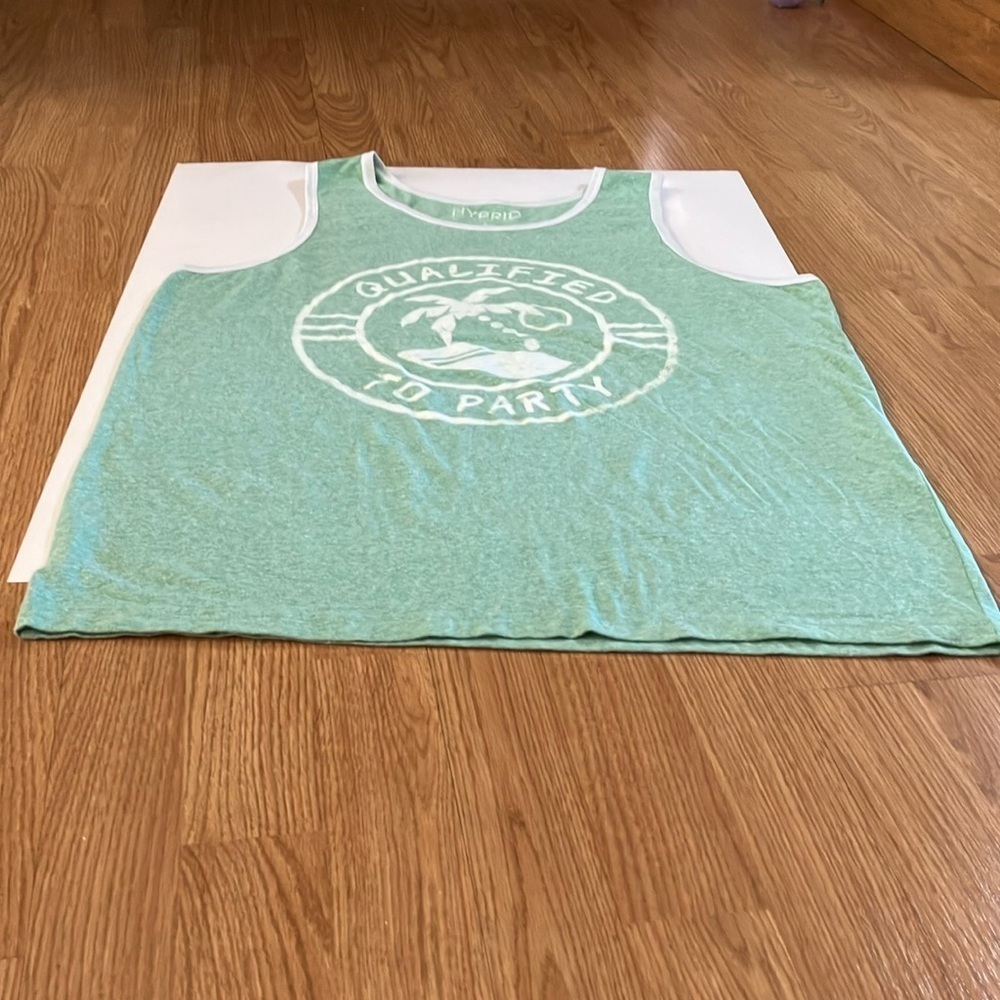 HYBRID Sleeveless Lt. Green Tee Shirt with white graphic lettering. Sz L